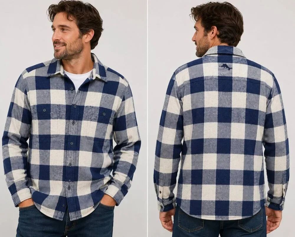 Tommy Bahama Blue Plaid Flannel Button Front Shirt Men's XL Long Sleeve Stretch